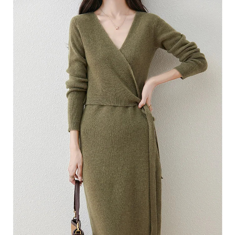 Women’s V-Neck Wool Sweater Dress | 100% Merino Wool Pullover Skirt