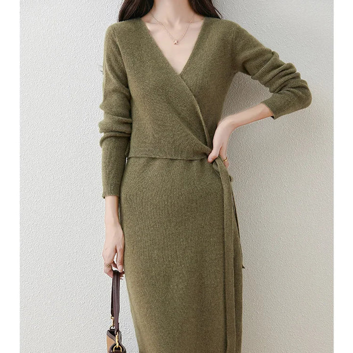 Women’s V-Neck Wool Sweater Dress | 100% Merino Wool Pullover Skirt