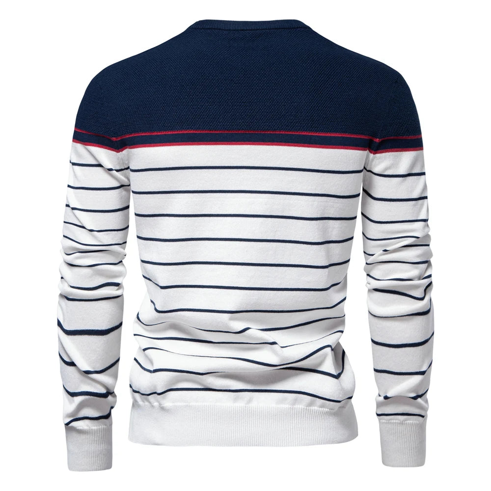 Men’s Striped Cotton O-Neck Sweater – Casual Autumn & Winter Pullover