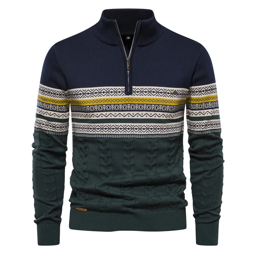 Men’s Zipper Pullover Sweater – Warm Cotton Ethnic Pattern Knit
