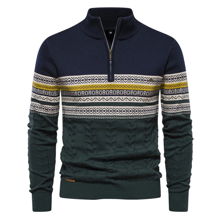 Men’s Zipper Pullover Sweater – Warm Cotton Ethnic Pattern Knit