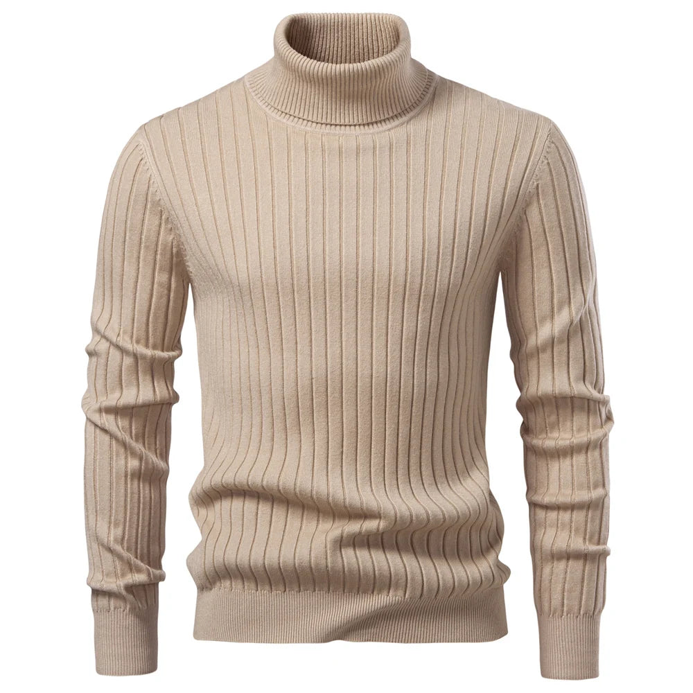 Men’s Turtleneck Sweater – Solid Color Striped Warm Knit Pullover