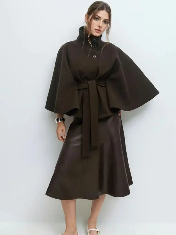Women’s Stand Neck Faux Wool Cloak Coat