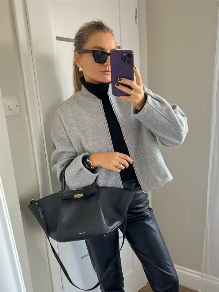 Women’s Autumn Winter Bomber Jacket – Soft Short Zipper Coat with Stand-Up Collar