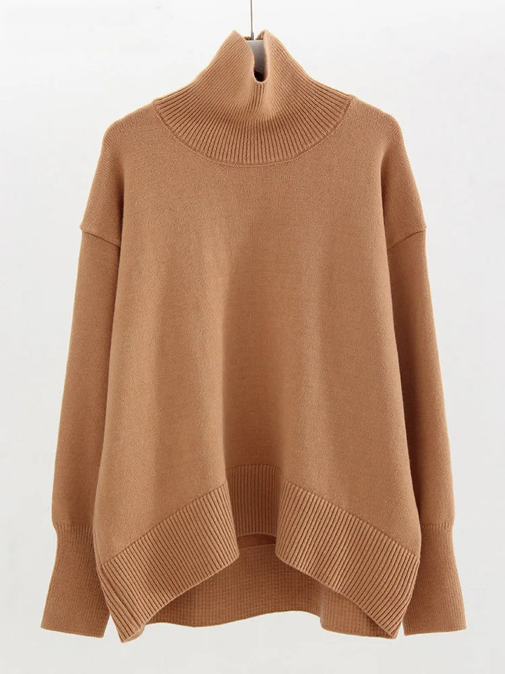 Women’s Oversized Brown Turtleneck Sweater – Thick Knit Pullover