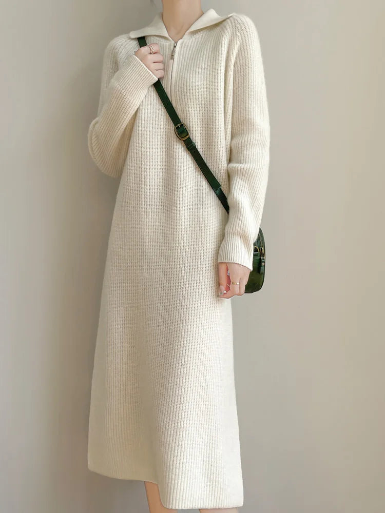 Women’s Merino Wool Half-Zip Polo Collar Sweater Dress