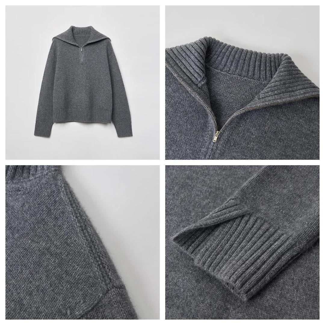 Women’s 100% Wool Half-Zip Sweater – Gray Loose Fit Winter Pullover