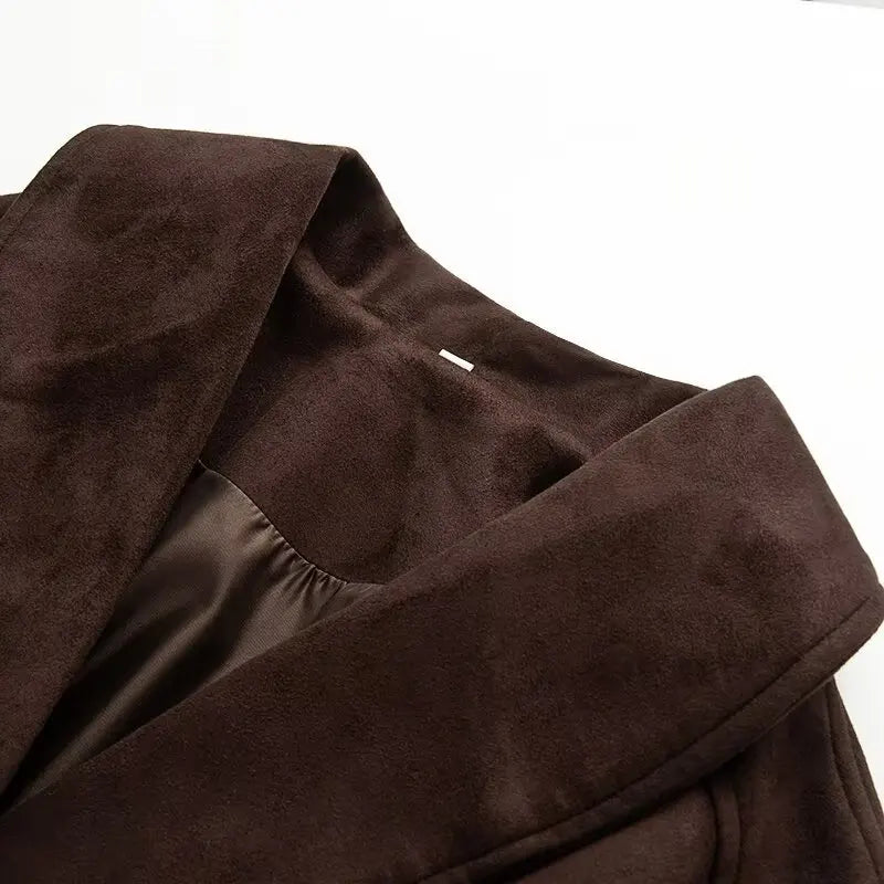 Women’s Faux Suede Belted Jacket – Vintage Single-Breasted Winter Coat with Patch Pockets