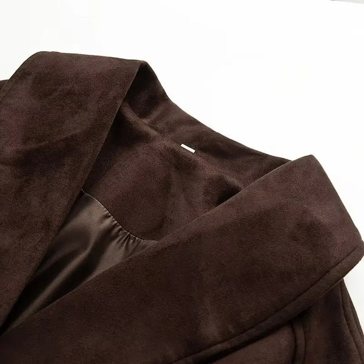 Women’s Faux Suede Belted Jacket – Vintage Single-Breasted Winter Coat with Patch Pockets