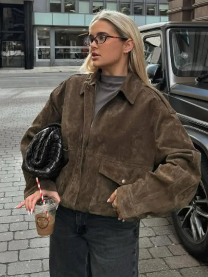 Women’s Elegant Suede Zipper Jacket – Turn-Down Collar Pilot Coat
