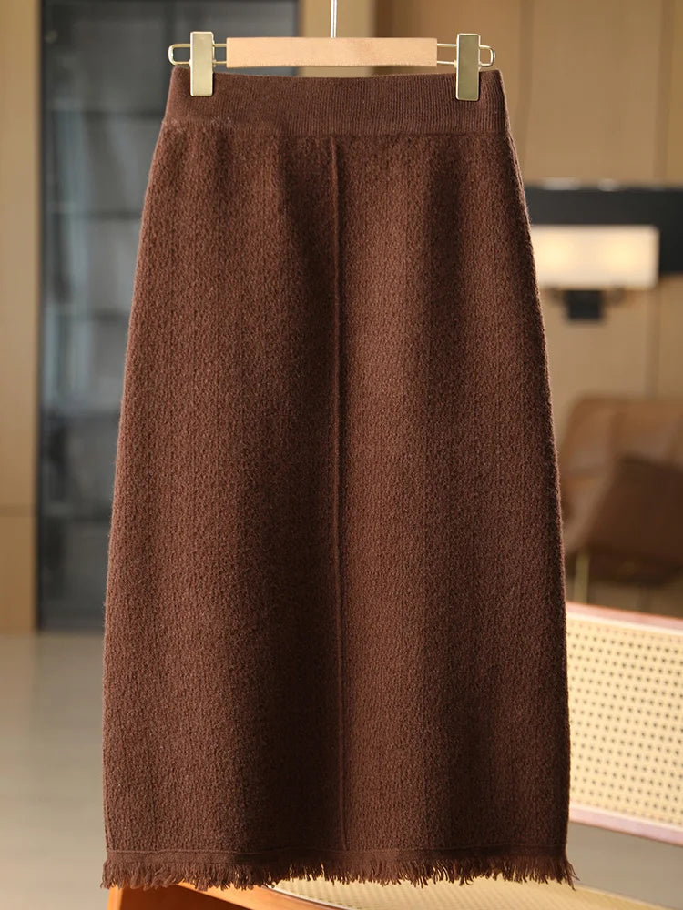 Women’s 100% Merino Wool Tassel Straight Skirt