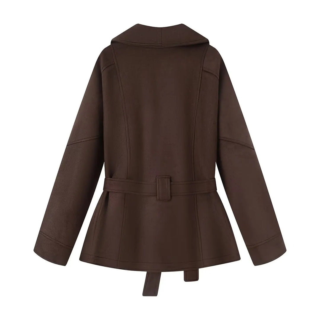 Women’s Faux Suede Belted Jacket – Vintage Single-Breasted Winter Coat with Patch Pockets