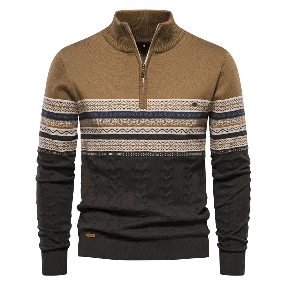 Men’s Zipper Pullover Sweater – Warm Cotton Ethnic Pattern Knit