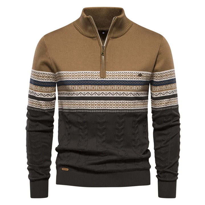 Men’s Zipper Pullover Sweater – Warm Cotton Ethnic Pattern Knit