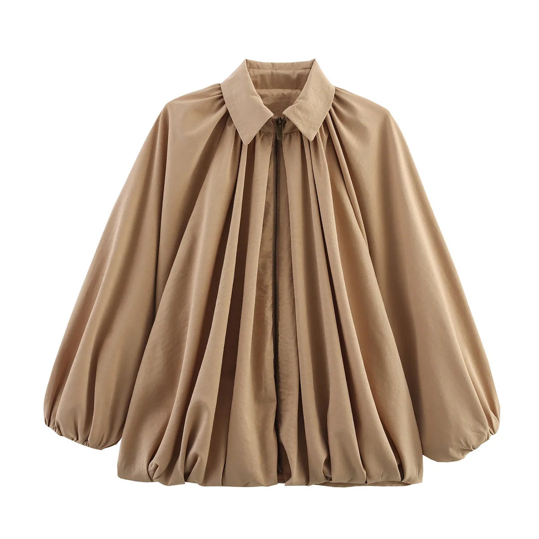 Women’s Oversized Bomber Jacket – Puff Sleeve Pleated Zipper Coat 2025 Streetwear