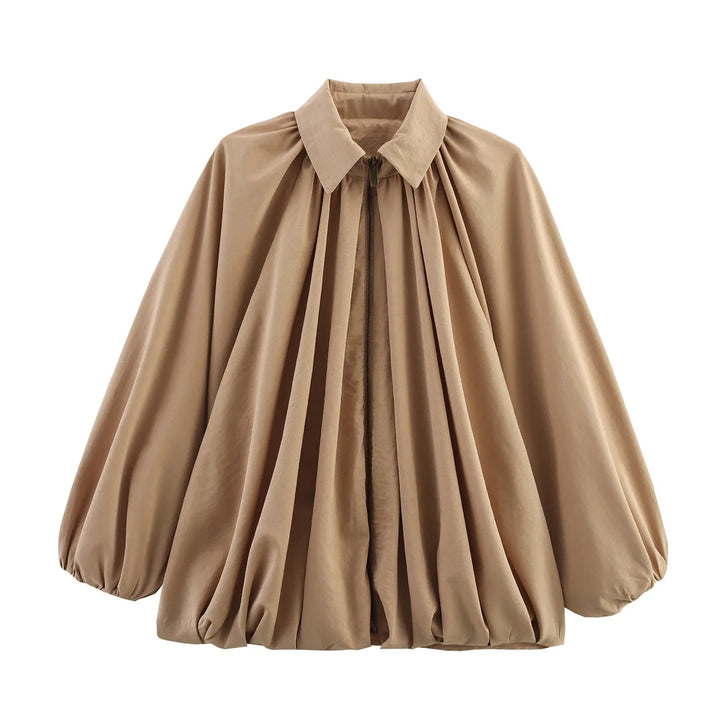 Women’s Oversized Bomber Jacket – Puff Sleeve Pleated Zipper Coat 2025 Streetwear