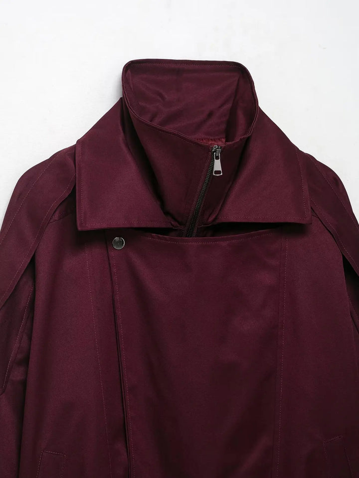 Women’s Burgundy Zipper Bomber Jacket – Loose Stand Collar Street Outerwear