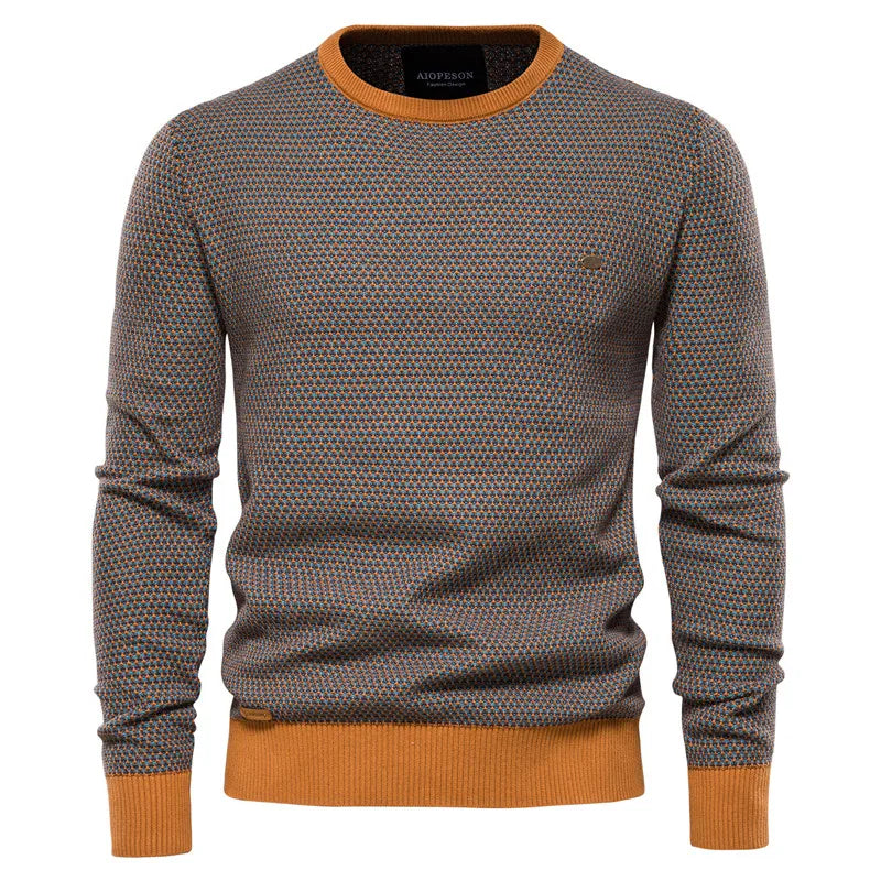 Men’s Cotton Spliced Pullover – Warm O-Neck Knitted Sweater