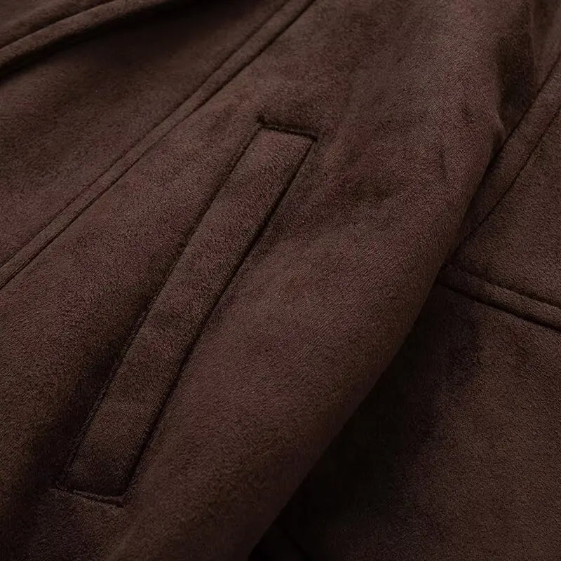 Women’s Faux Suede Belted Jacket – Vintage Single-Breasted Winter Coat with Patch Pockets