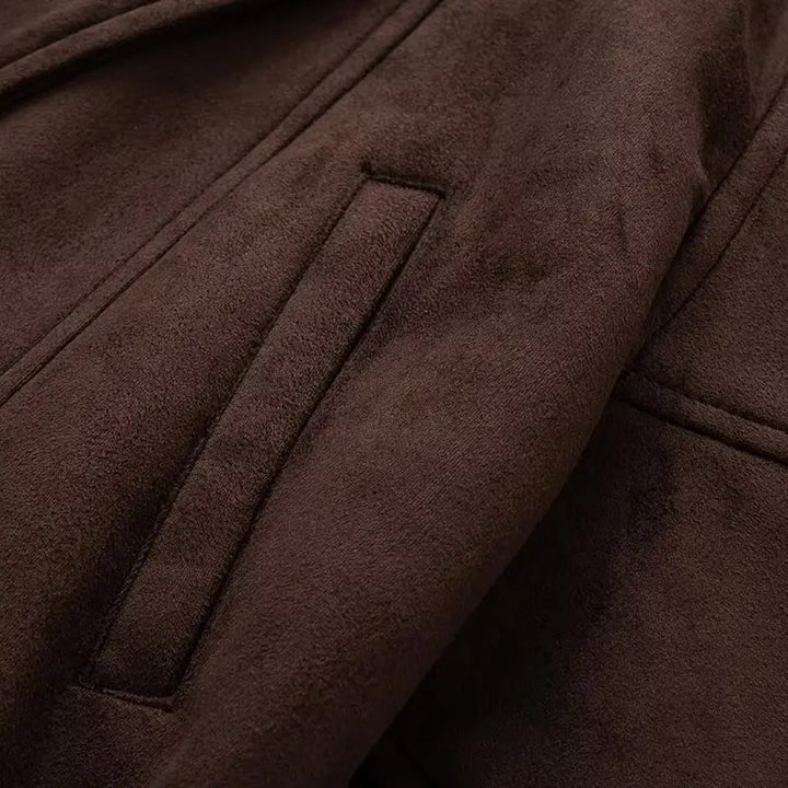 Women’s Faux Suede Belted Jacket – Vintage Single-Breasted Winter Coat with Patch Pockets