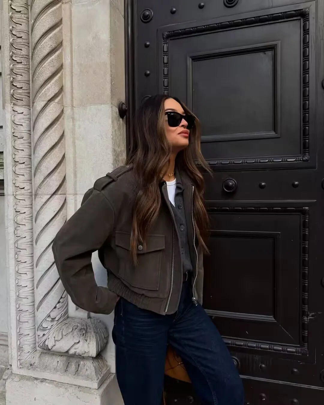 Women’s Cropped Faux Suede Jacket with Zipper