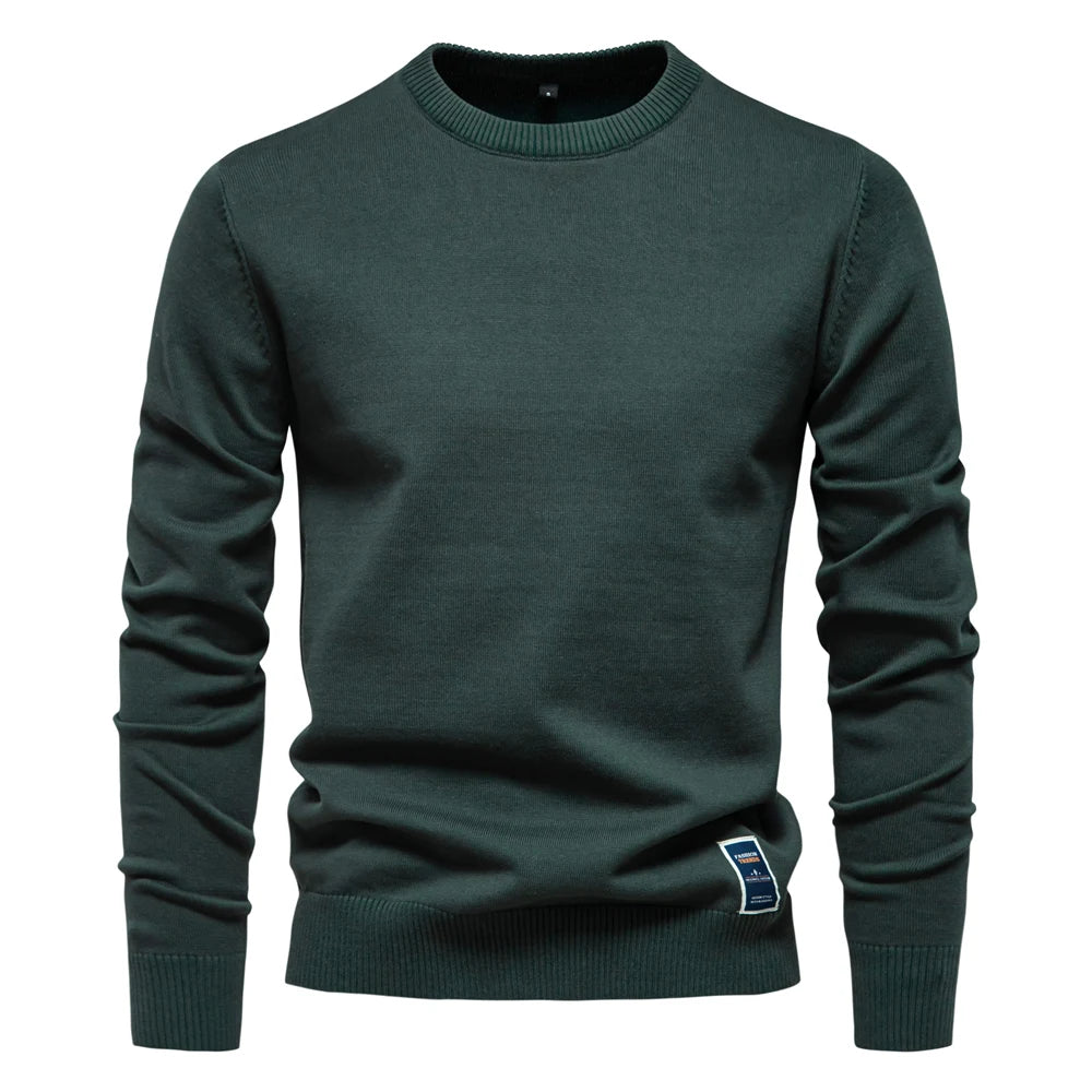 Men’s Solid Cotton Crew Neck Sweater – Casual Knitted Pullover