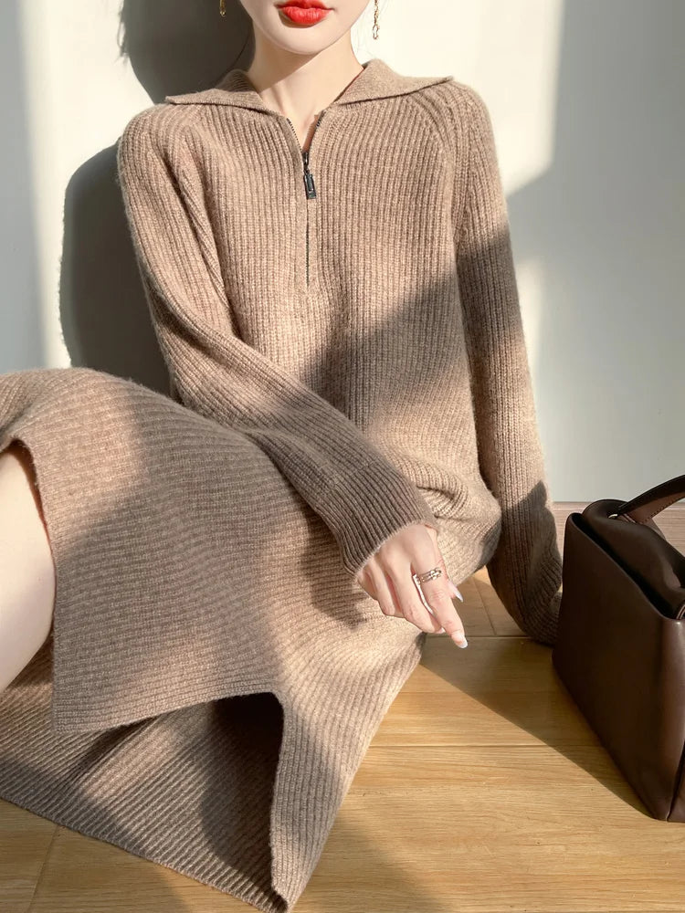 Women’s Merino Wool Half-Zip Polo Collar Sweater Dress