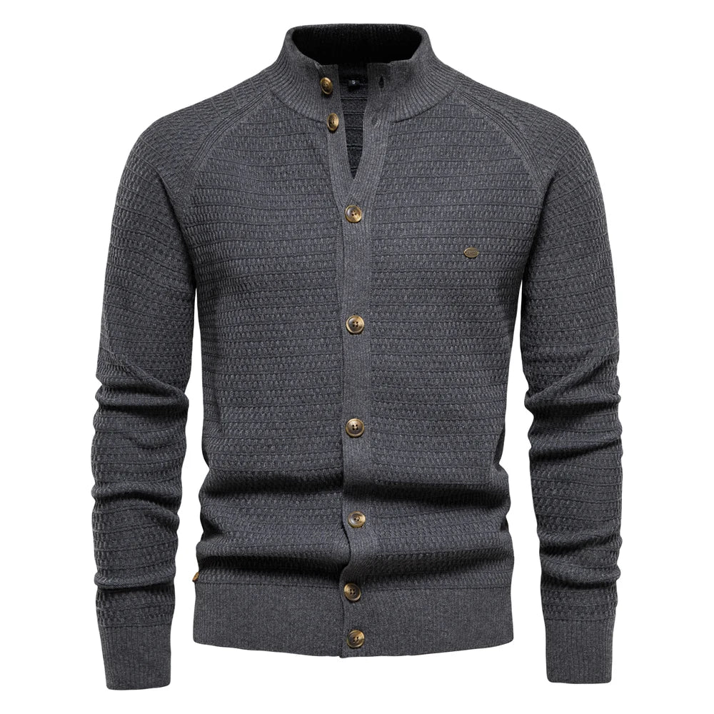 Men’s Knitted Cotton Cardigan – High-Quality Button Mock Neck Sweater