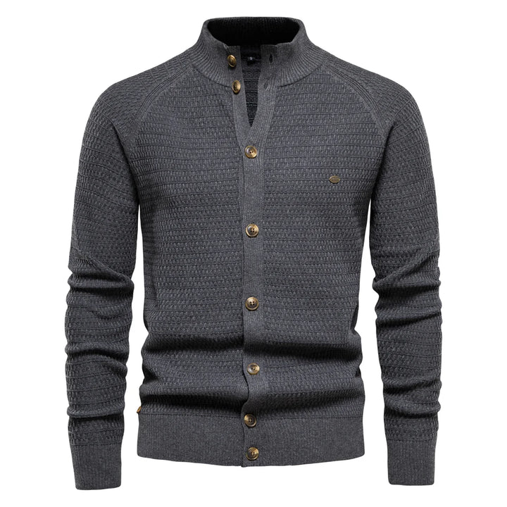 Men’s Knitted Cotton Cardigan – High-Quality Button Mock Neck Sweater
