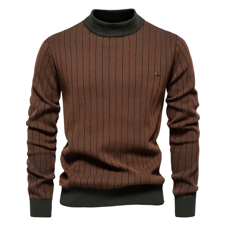 Men’s Striped Cotton Mock Neck Sweater – Warm Autumn & Winter Pullover