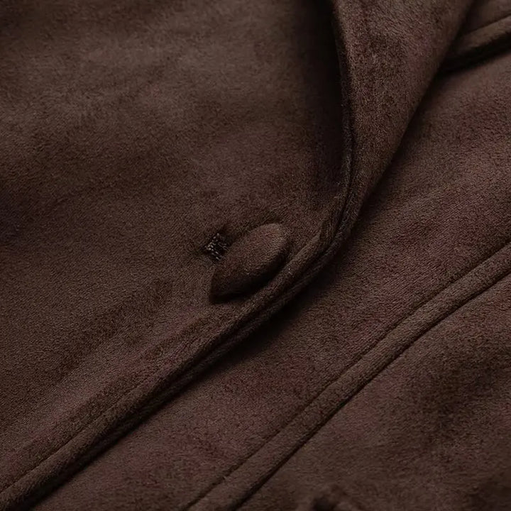 Women’s Faux Suede Belted Jacket – Vintage Single-Breasted Winter Coat with Patch Pockets