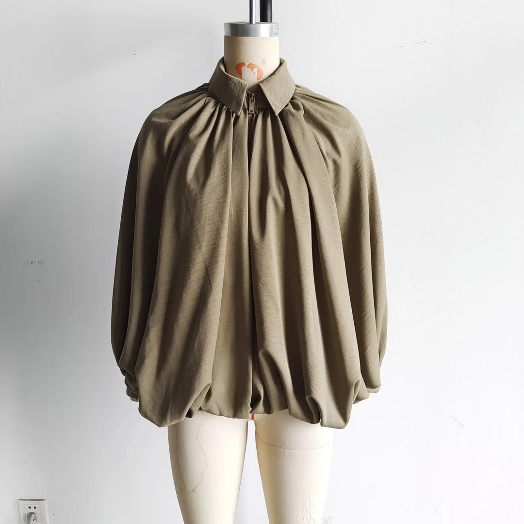 Women’s Oversized Bomber Jacket – Puff Sleeve Pleated Zipper Coat 2025 Streetwear