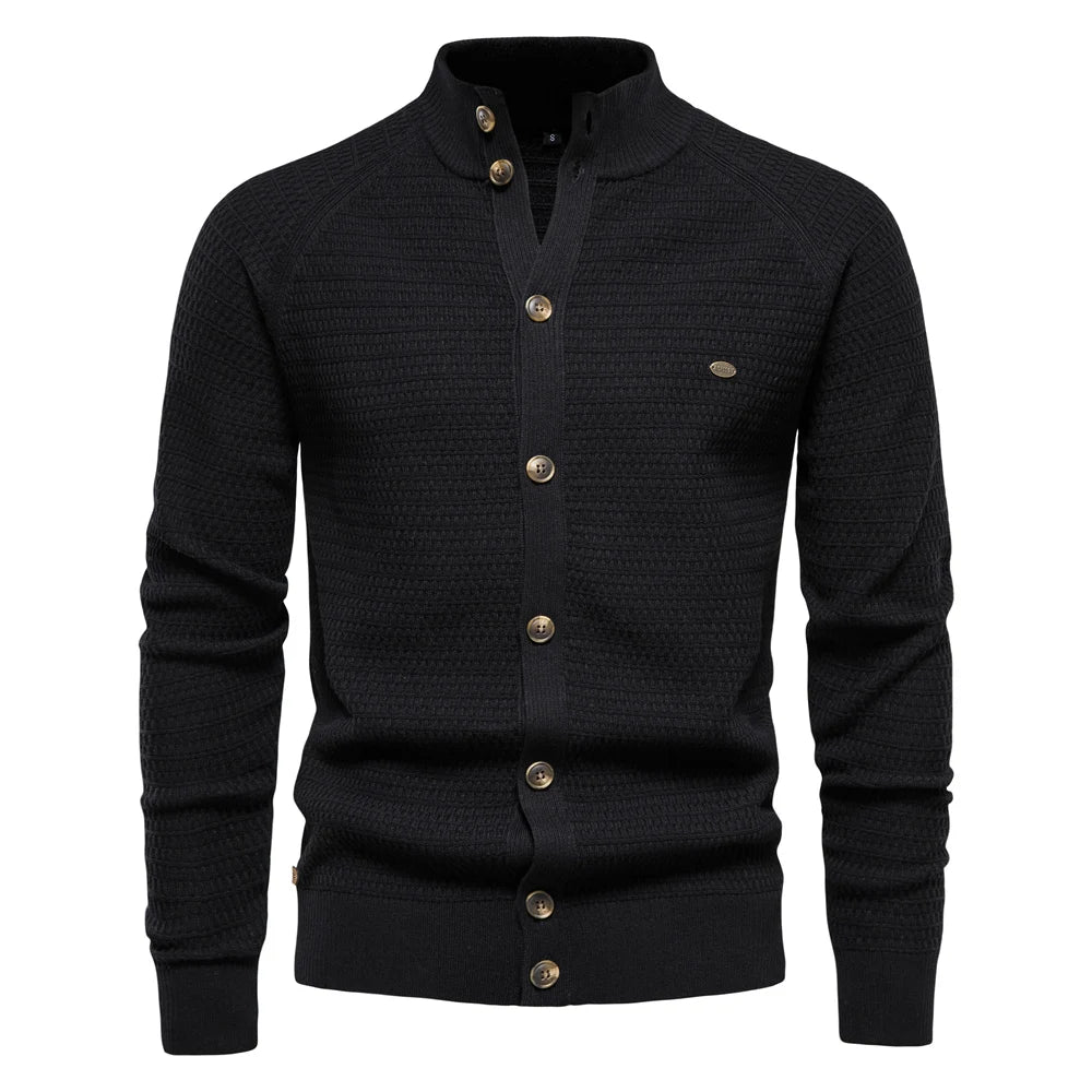Men’s Knitted Cotton Cardigan – High-Quality Button Mock Neck Sweater