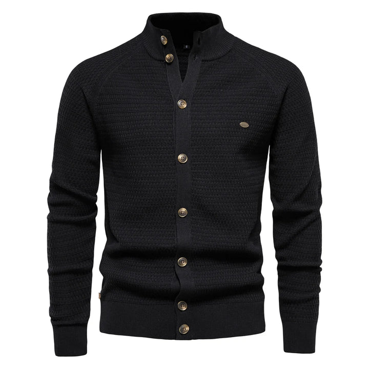 Men’s Knitted Cotton Cardigan – High-Quality Button Mock Neck Sweater