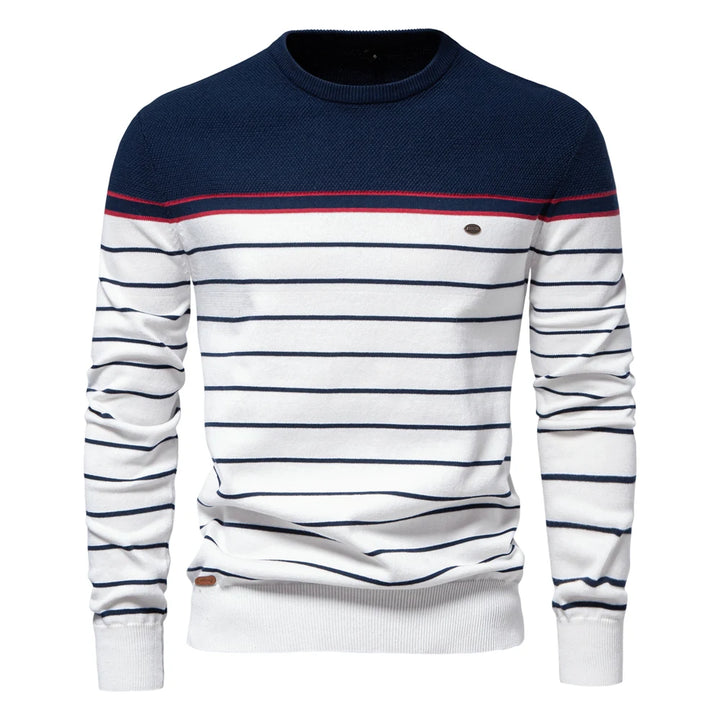 Men’s Striped Cotton O-Neck Sweater – Casual Autumn & Winter Pullover