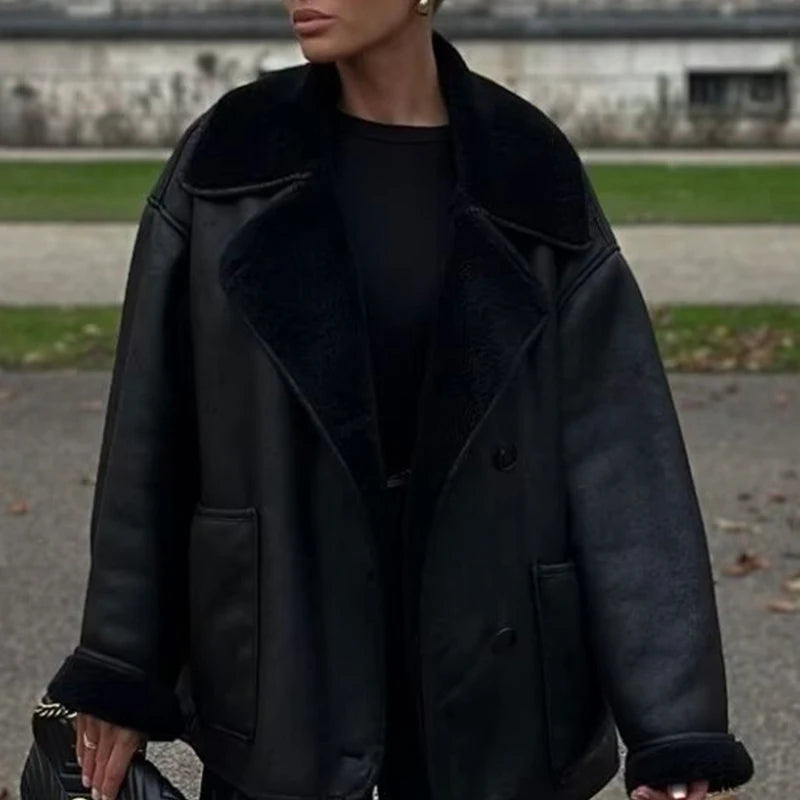 Women’s Black Leather Jacket – Winter Warm