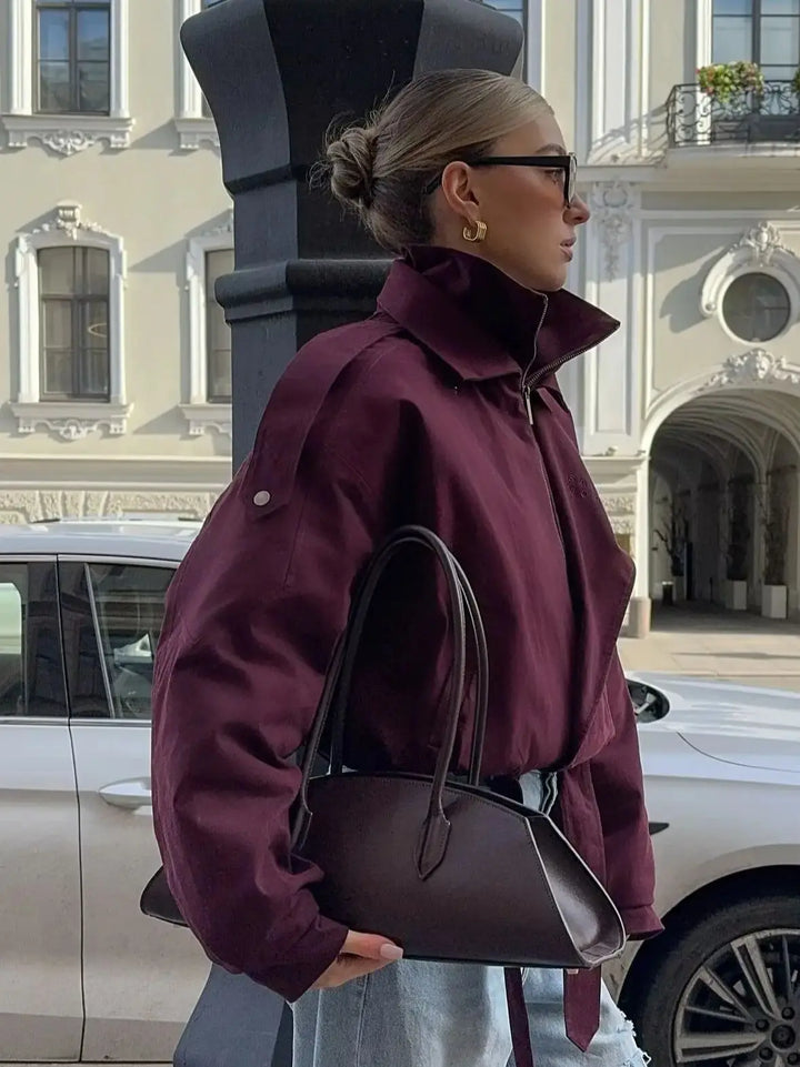 Women’s Burgundy Zipper Bomber Jacket – Loose Stand Collar Street Outerwear