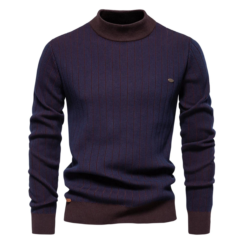 Men’s Striped Cotton Mock Neck Sweater – Warm Autumn & Winter Pullover
