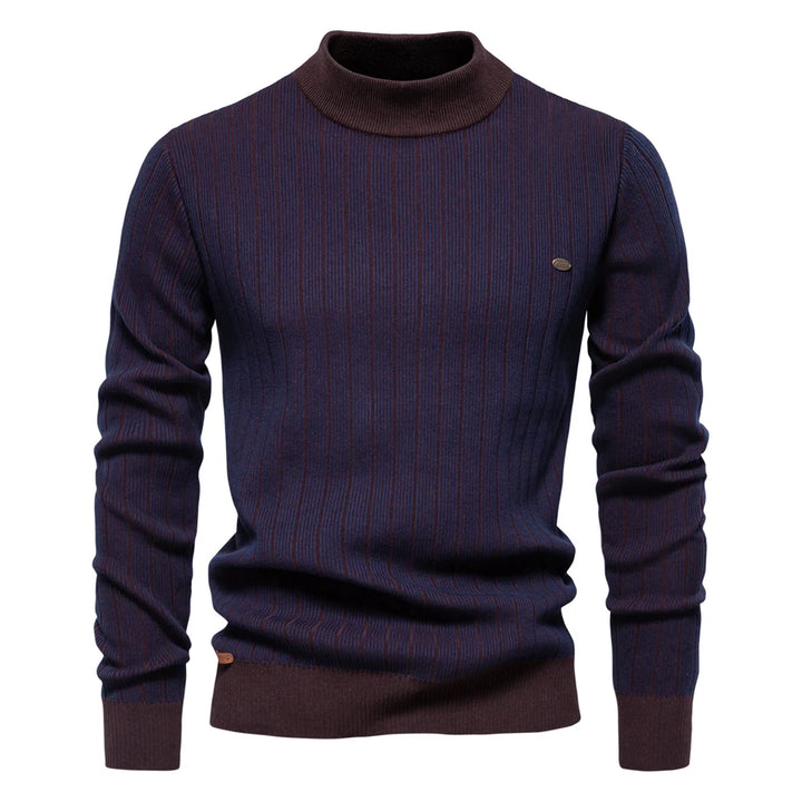 Men’s Striped Cotton Mock Neck Sweater – Warm Autumn & Winter Pullover
