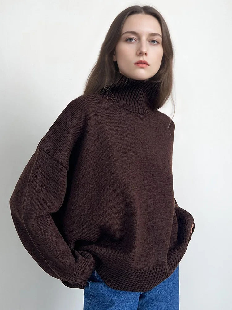 Women’s Oversized Brown Turtleneck Sweater – Thick Knit Pullover