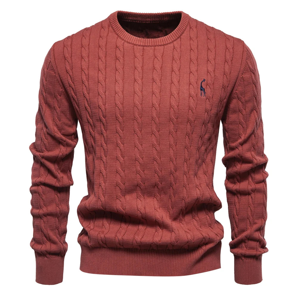 Men’s Giraffe Embroidered Cotton Sweater – Classic Twist Knit Pullover
