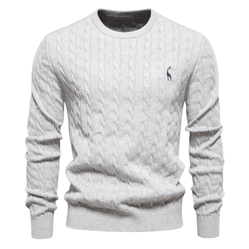 Men’s Giraffe Embroidered Cotton Sweater – Classic Twist Knit Pullover