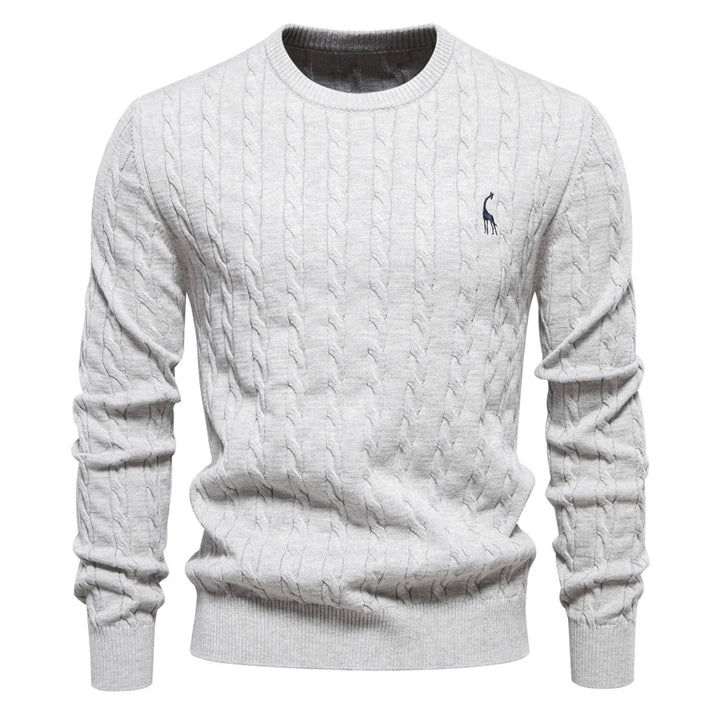 Men’s Giraffe Embroidered Cotton Sweater – Classic Twist Knit Pullover