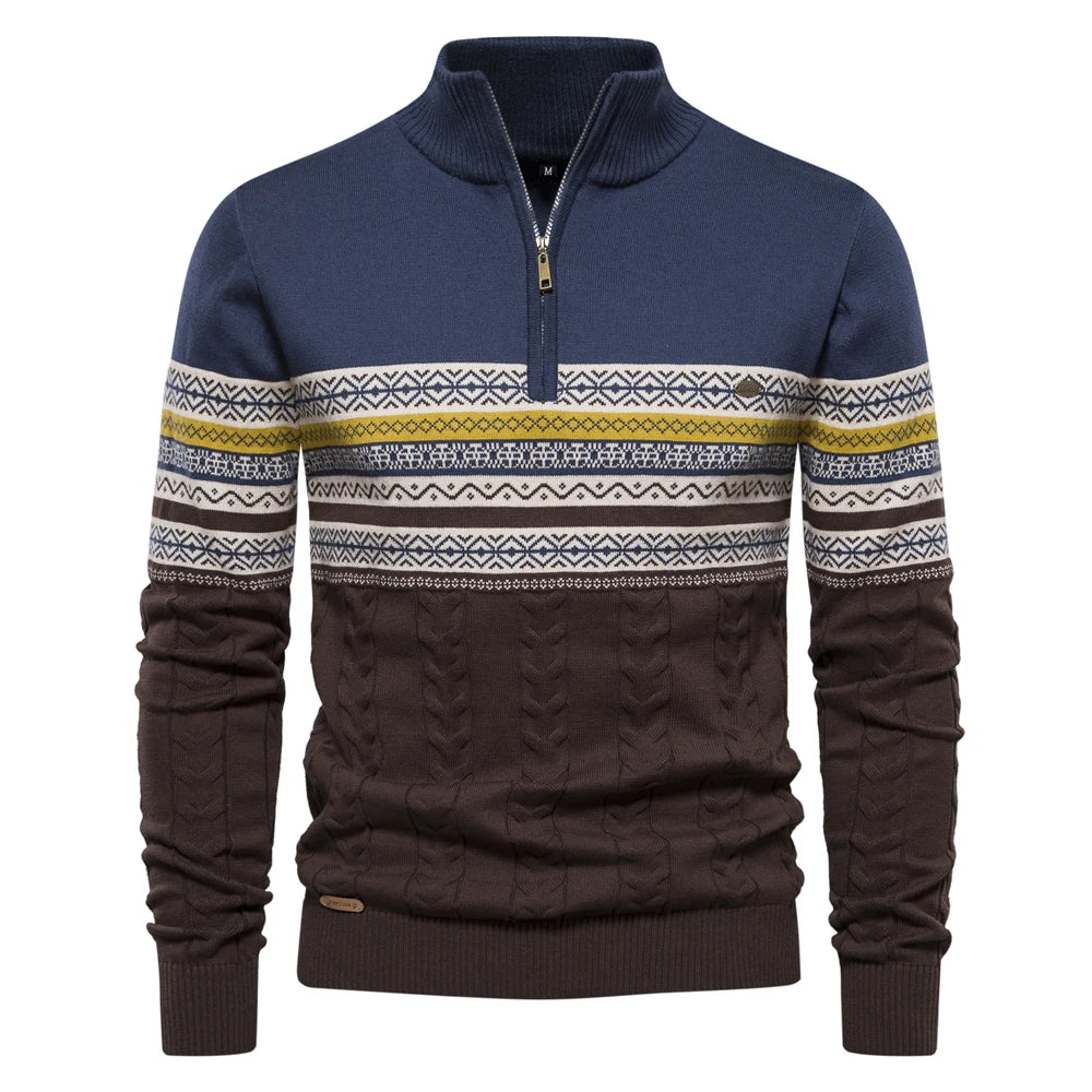 Men’s Zipper Pullover Sweater – Warm Cotton Ethnic Pattern Knit
