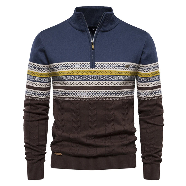 Men’s Zipper Pullover Sweater – Warm Cotton Ethnic Pattern Knit
