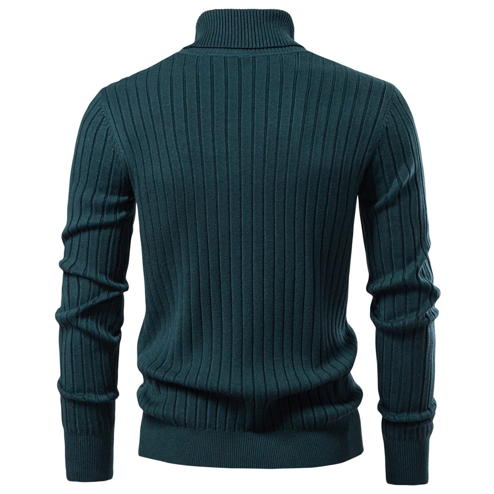 Men’s Turtleneck Sweater – Solid Color Striped Warm Knit Pullover