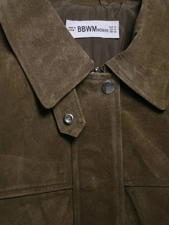 Women’s Elegant Suede Zipper Jacket – Turn-Down Collar Pilot Coat
