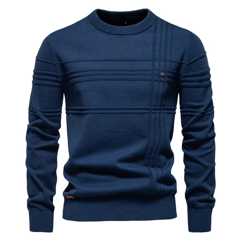 Men’s Striped Cotton Crewneck Sweater – Warm Autumn & Winter Pullover