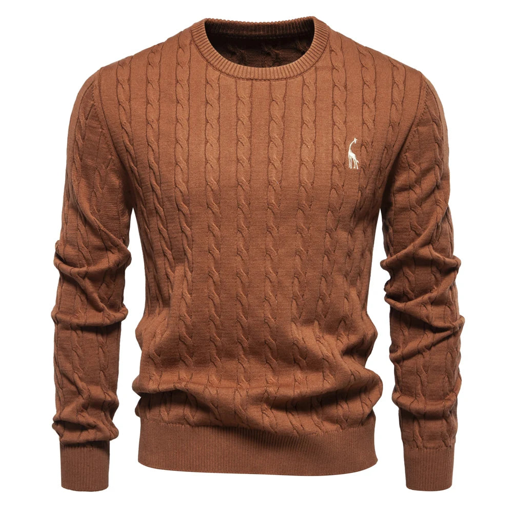 Men’s Giraffe Embroidered Cotton Sweater – Classic Twist Knit Pullover