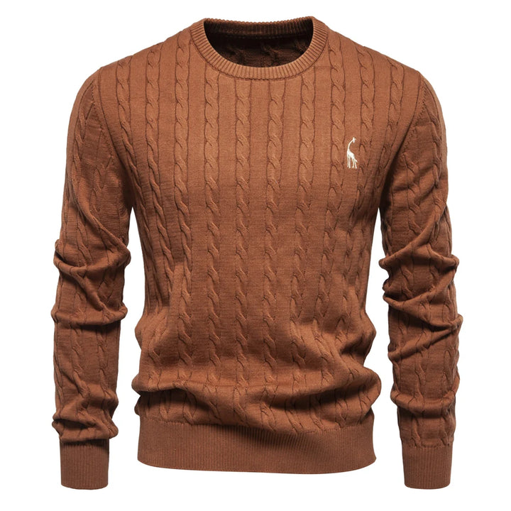 Men’s Giraffe Embroidered Cotton Sweater – Classic Twist Knit Pullover